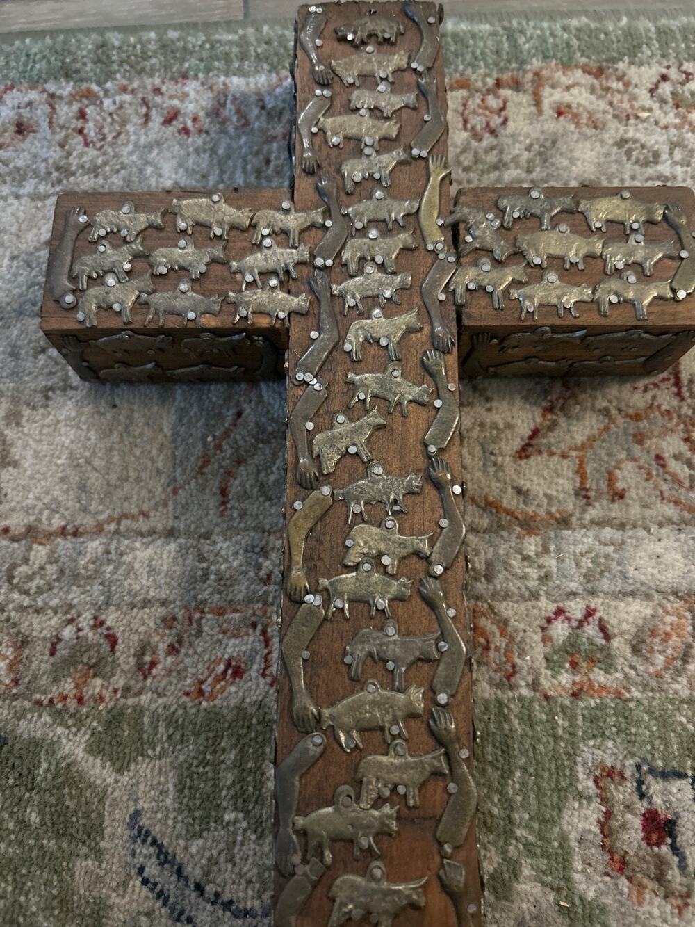 Vintage Mexican Milagros Cross 12" • Hand-Carved Wood Folk Art • Highly Detailed